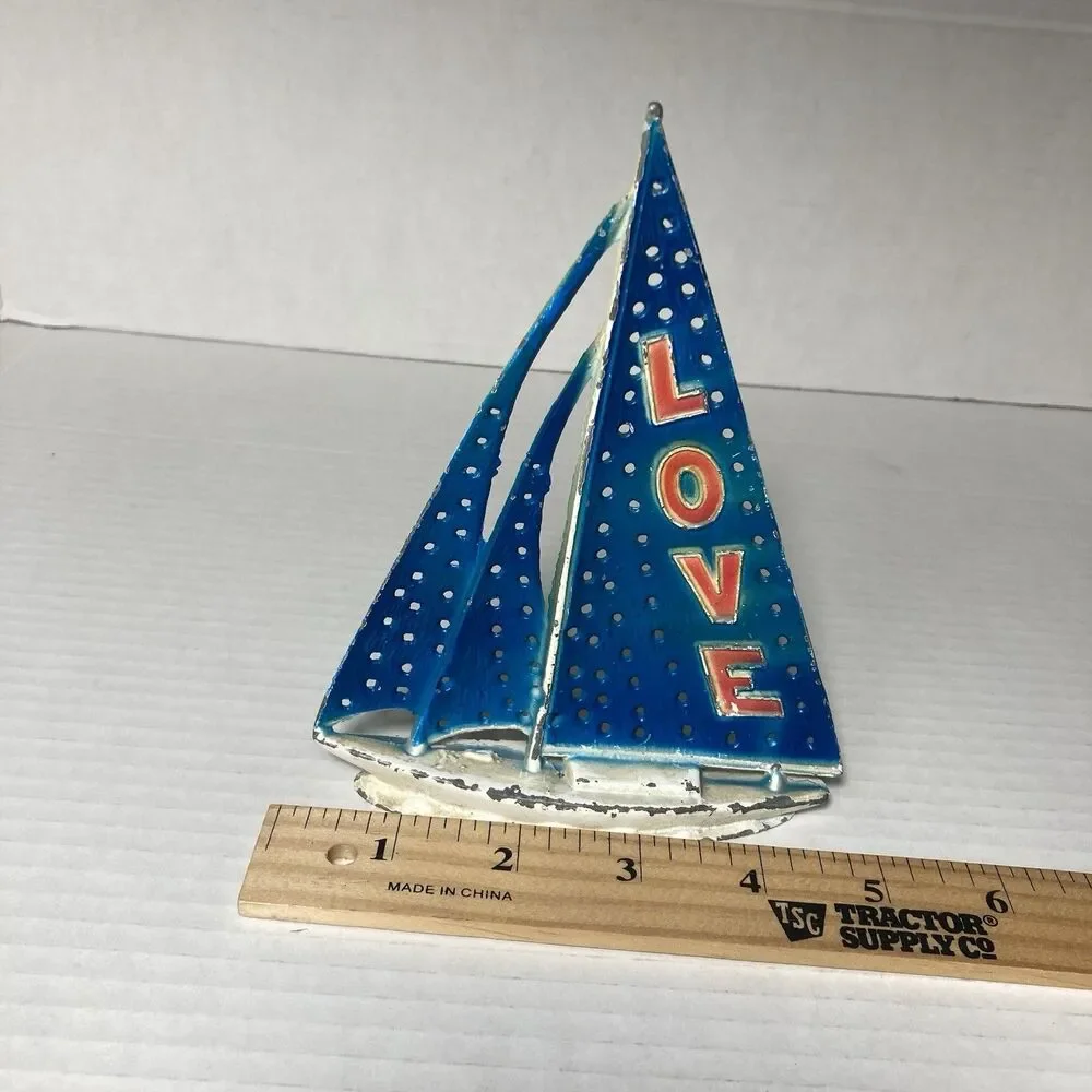 Vintage Sailboat Earring Holder Nautical LOVE Red White Blue Rustic